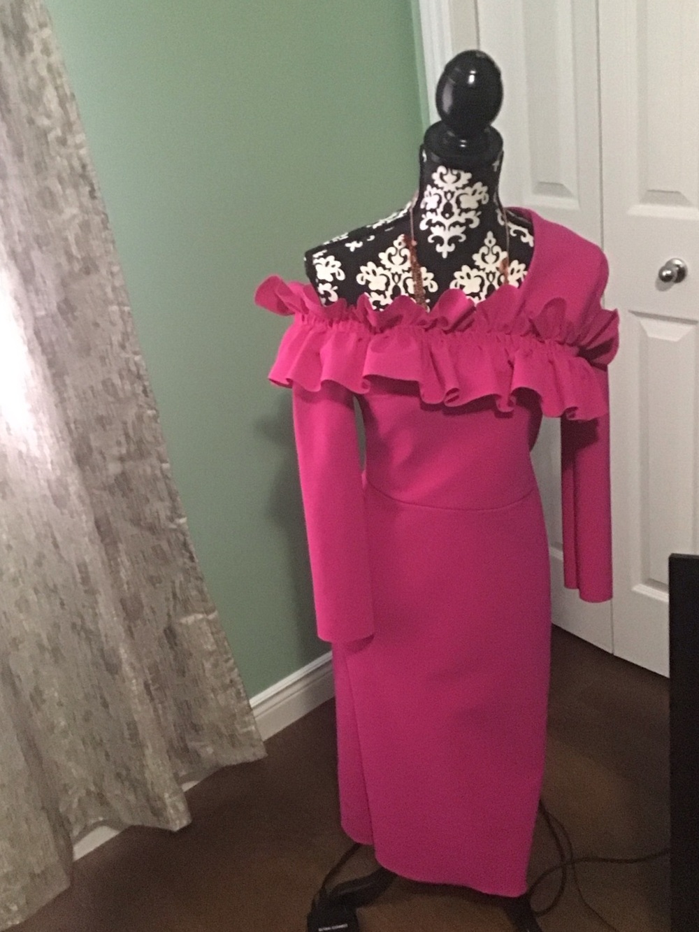 Asymmetric One-Shoulder Ruffle Midi Dress in Hot Pink